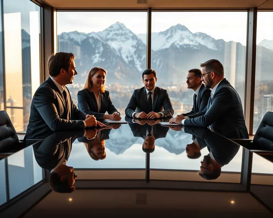 A sophisticated office setting with floor-to-ceiling windows overlooking the Swiss Alps. In the foreground, a group of four executive figures sitting around a glossy conference table, dressed in impeccable business attire, engaged in a high-level discussion. The lighting is warm and professional, with a mixture of natural daylight and subtle accent lighting. The angles are slightly elevated, giving a sense of authority and gravitas. The overall mood is one of confidence, collaboration, and the successful navigation of the Swiss executive landscape. A sophisticated office setting with floor-to-ceiling windows overlooking the Swiss Alps. In the foreground, a group of four executive figures sitting around a glossy conference table, dressed in impeccable business attire, engaged in a high-level discussion. The lighting is warm and professional, with a mixture of natural daylight and subtle accent lighting. The angles are slightly elevated, giving a sense of authority and gravitas. The overall mood is one of confidence, collaboration, and the successful navigation of the Swiss executive landscape.