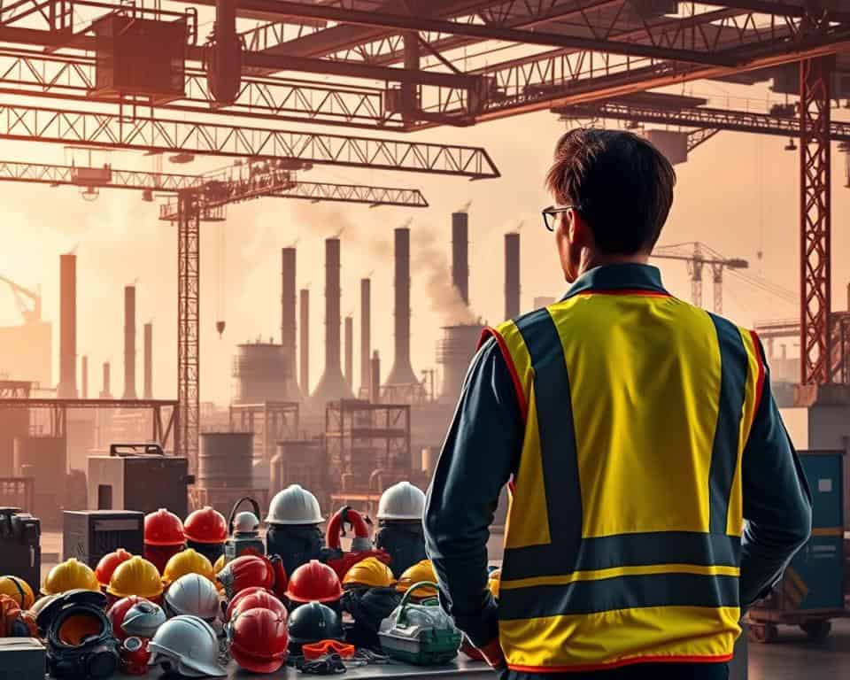 A bustling industrial setting, with a focus on safety equipment and solutions. In the foreground, a worker in a high-visibility vest stands amidst a collection of personal protective gear, including hard hats, safety glasses, and gloves. In the middle ground, a range of industry-specific safety devices are showcased, such as machine guards, fall arrest systems, and hazardous material storage containers. The background features the silhouettes of towering factories, conveyor belts, and cranes, all bathed in a warm, diffused light that creates a sense of productive activity. The overall scene conveys a commitment to creating a safe and secure work environment, tailored to the unique needs of various industrial sectors. A bustling industrial setting, with a focus on safety equipment and solutions. In the foreground, a worker in a high-visibility vest stands amidst a collection of personal protective gear, including hard hats, safety glasses, and gloves. In the middle ground, a range of industry-specific safety devices are showcased, such as machine guards, fall arrest systems, and hazardous material storage containers. The background features the silhouettes of towering factories, conveyor belts, and cranes, all bathed in a warm, diffused light that creates a sense of productive activity. The overall scene conveys a commitment to creating a safe and secure work environment, tailored to the unique needs of various industrial sectors.