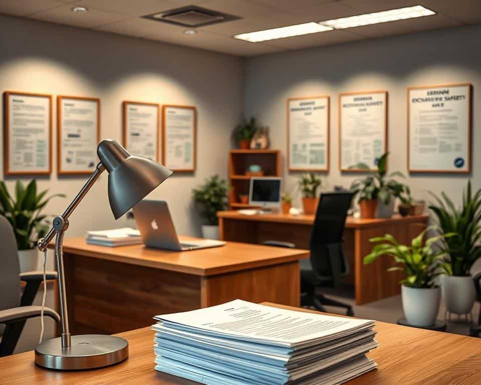 A well-organized German government office, with a modern interior featuring a wooden desk, ergonomic chairs, and potted plants. The walls are adorned with framed legal documents and posters outlining occupational safety regulations. Soft, indirect lighting casts a professional yet warm ambiance. In the foreground, a desk lamp illuminates a stack of papers, meticulously organized, hinting at the attention to detail required in this specialized field. The overall scene conveys a sense of authority, expertise, and a commitment to upholding the legal framework that safeguards the wellbeing of workers in Germany. A well-organized German government office, with a modern interior featuring a wooden desk, ergonomic chairs, and potted plants. The walls are adorned with framed legal documents and posters outlining occupational safety regulations. Soft, indirect lighting casts a professional yet warm ambiance. In the foreground, a desk lamp illuminates a stack of papers, meticulously organized, hinting at the attention to detail required in this specialized field. The overall scene conveys a sense of authority, expertise, and a commitment to upholding the legal framework that safeguards the wellbeing of workers in Germany.